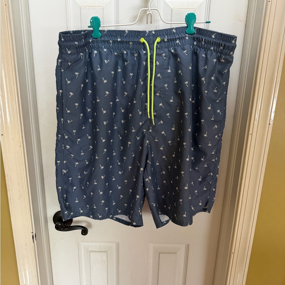 Old Navy Navy Swim Trunks with Lime Drawcord and Palm Motif